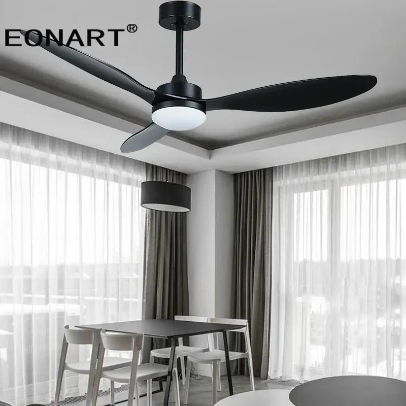 Modern black and dark brown ceiling fan with remote control plastic blades and frosted glass light fixture for bedroom use