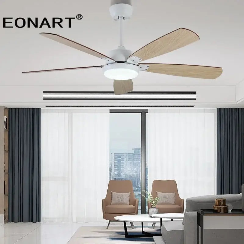 Eonart modern black and white led ceiling fan with five light wood blades for bedroom use