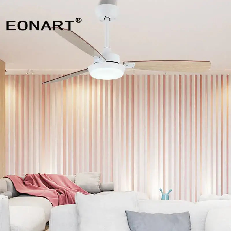 Modern black and white led ceiling fan with light wood blades and integrated led lighting for bedroom use