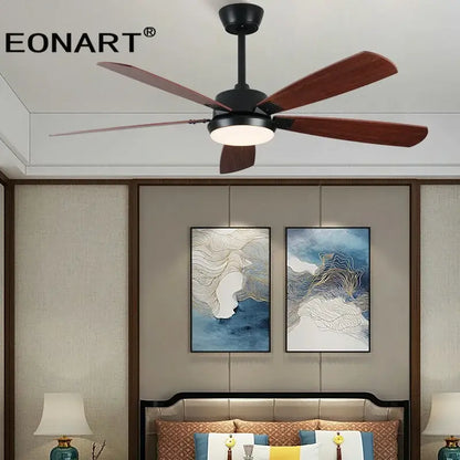 Modern black and wood finish led ceiling fan with integrated light fixture and wood blades for bedroom use
