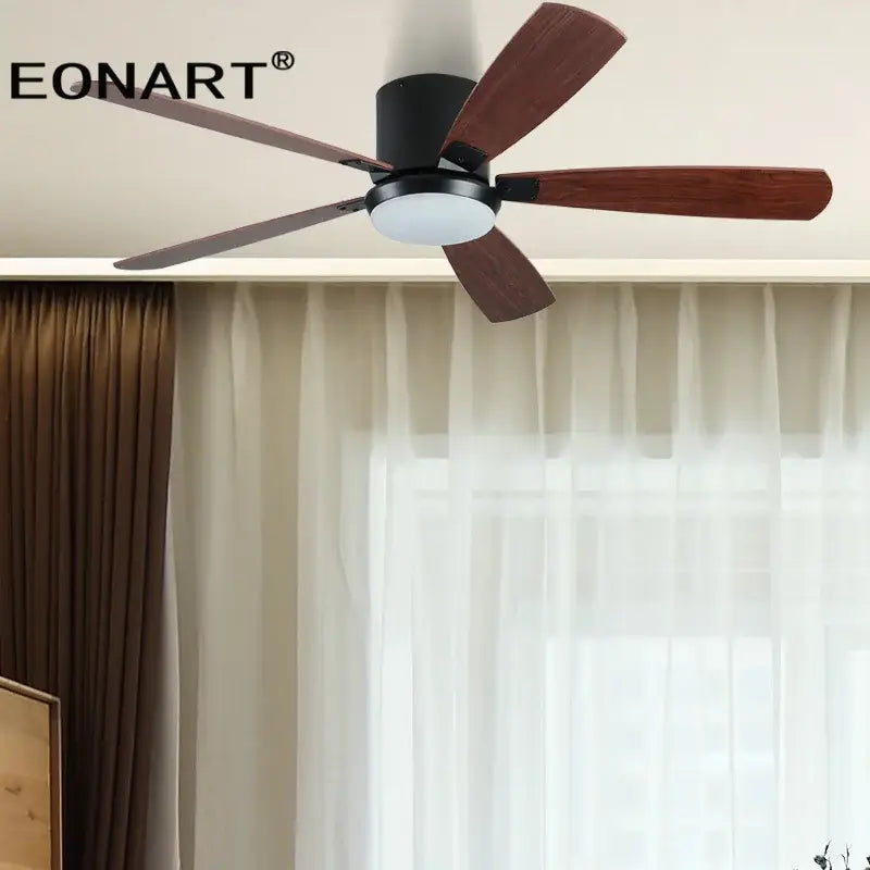 Eonart modern black led ceiling fan with five dark brown wooden blades and integrated white led light for bedroom use