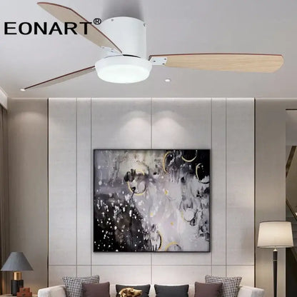 Modern black and white led ceiling fan with wood blades featuring a white eonart ceiling fan light for bedroom use