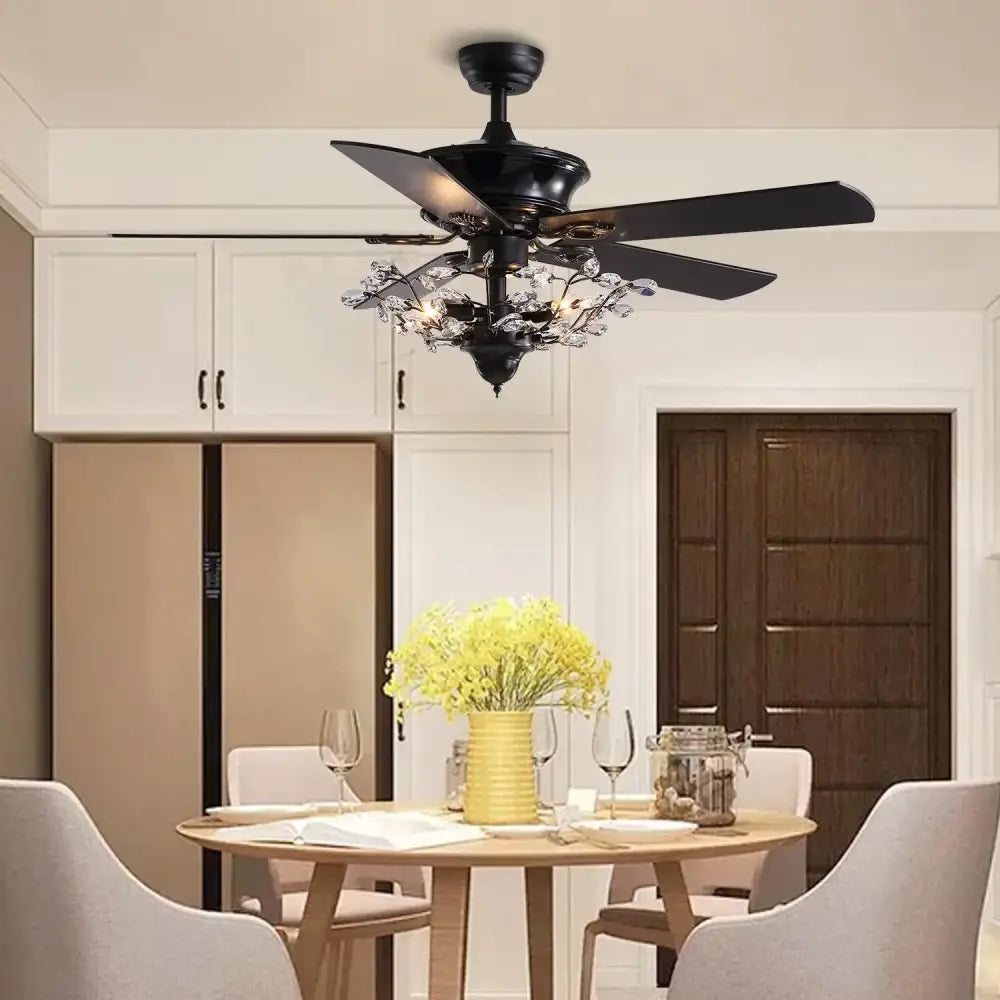 Luxury black crystal ceiling fan with wood blades and chandelier accents for living room with remote control