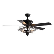 Luxury black wrought iron crystal ceiling fan with five blades and wood accents for living room use with remote control