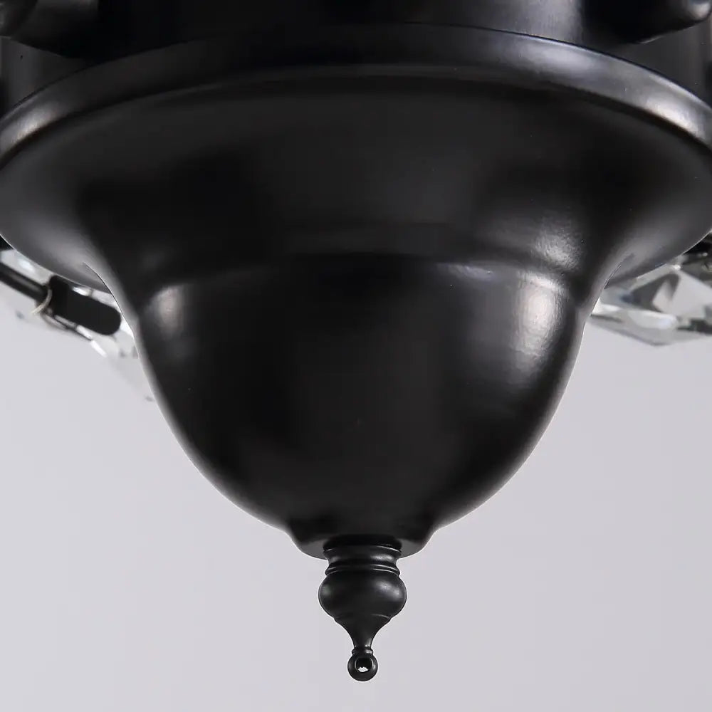 Black matte metal chandelier with ornate design and finial for luxury black crystal ceiling fan with remote use