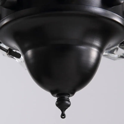 Black matte metal chandelier with ornate design and finial for luxury black crystal ceiling fan with remote use