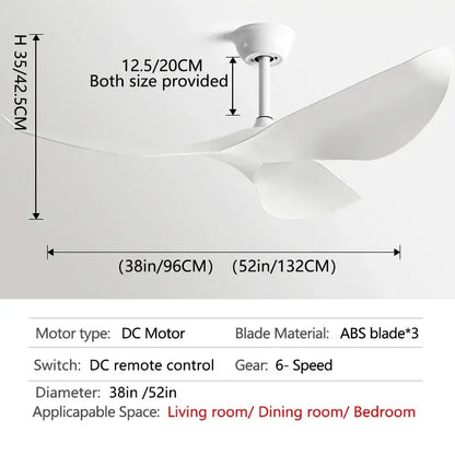 White ceiling fan with sleek modern abs blades and dc motor for living room remote control use