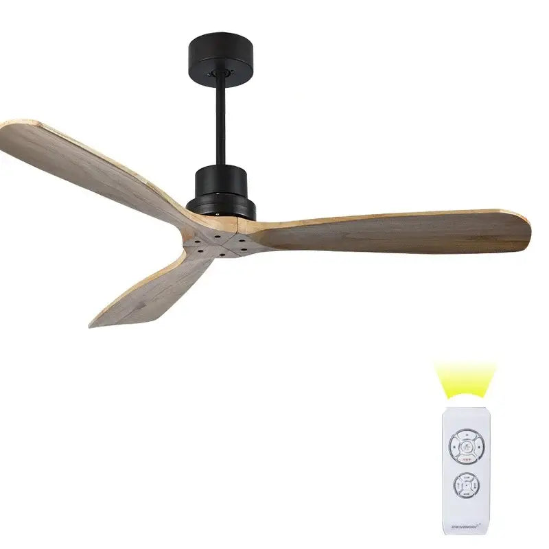 Modern propeller ceiling fan with three light wood blades and a silent silver hub with remote control for living room use