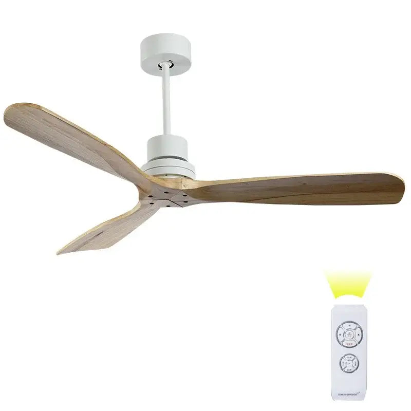 White ceiling fan with three natural wood blades and matching remote control for modern propeller ceiling use