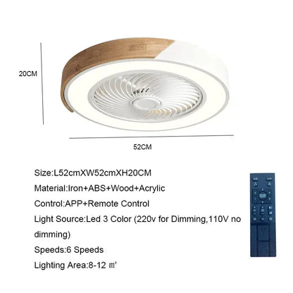 Modern white and light wood circular ceiling fan light with integrated led made of iron abs plastic wood and acrylic