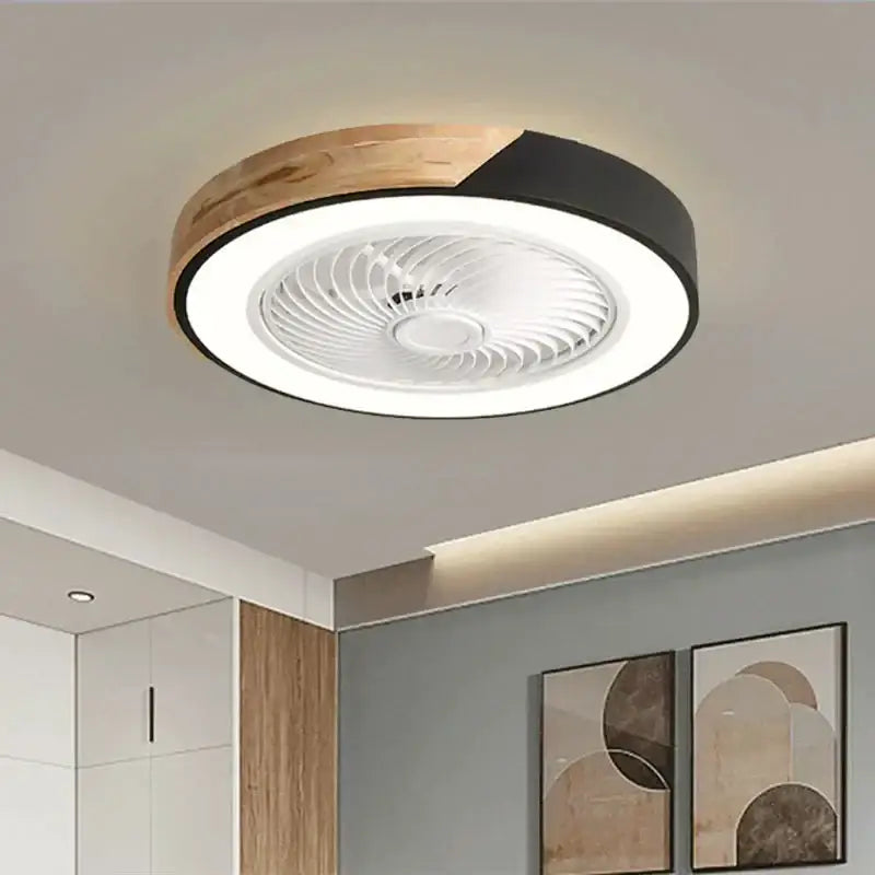 Modern wood and black ceiling fan light with integrated led and wood-grain accent for bedroom use