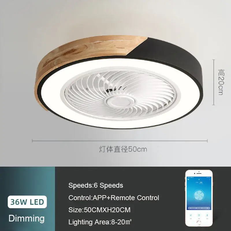 Modern wood and black ceiling fan light with circular design and integrated led lighting for bedroom use