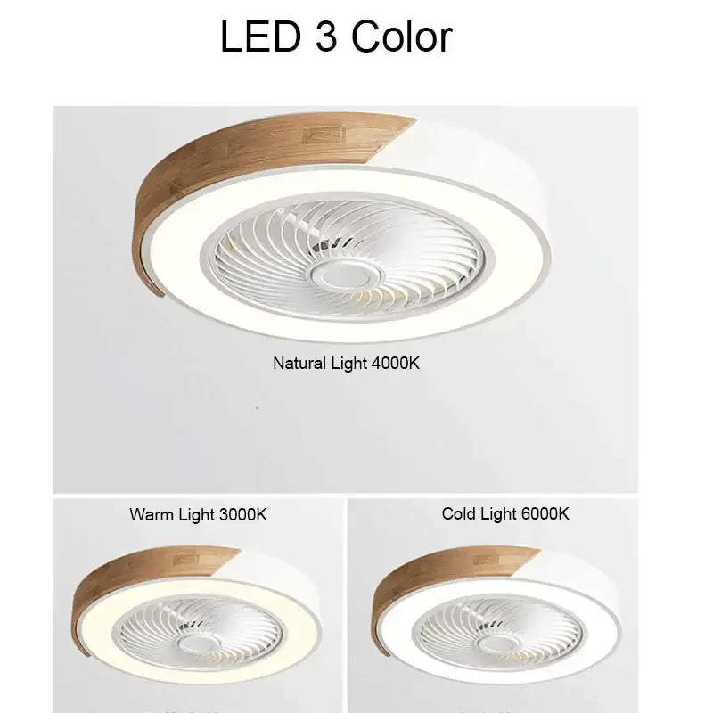Modern wood and black ceiling fan light with white led fan light and natural wood trim offering three color settings