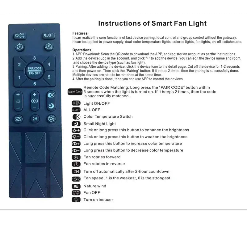 Dark blue plastic remote control for modern white smart ceiling fan with retractable blades and bedroom light system