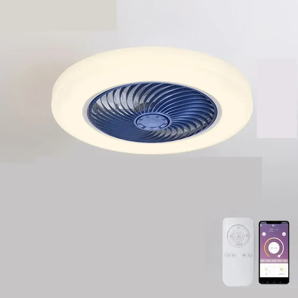 Modern white smart ceiling fan with circular ceiling-mounted light, soft white diffuser, and central blue motor housing