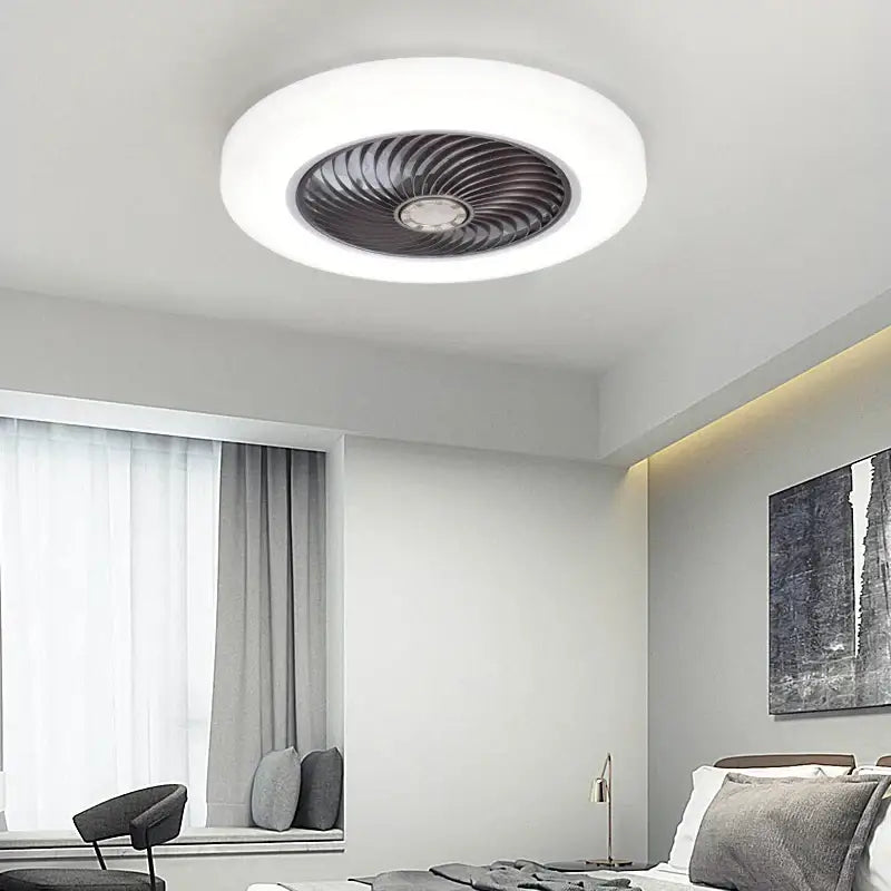 Modern white smart ceiling fan with retractable dark metallic blades and integrated led light for bedroom use