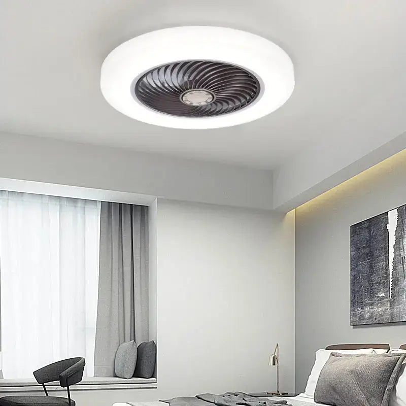 Modern white smart ceiling fan with retractable dark metallic blades and integrated led lighting for bedroom use