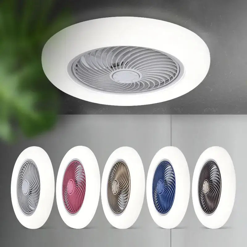 Modern white smart ceiling fan with retractable blades and multiple color options for bedroom use