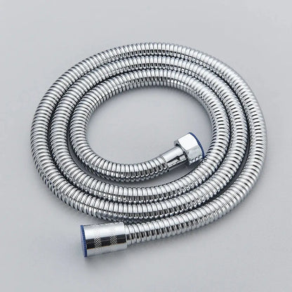A coiled black bronze flexible shower hose with blue rubber caps for bathroom hand shower replacement by decorbites