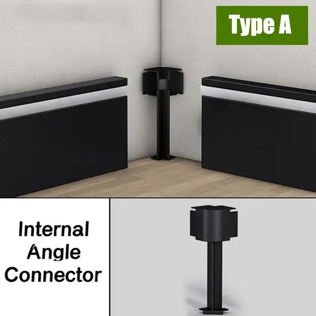 Black metal internal angle connector for decorbites™ 5cm led aluminium profile baseboard corner installations