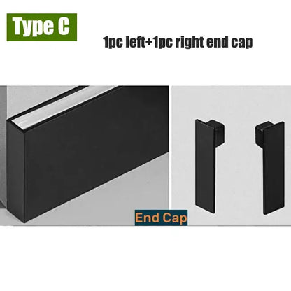 Black rectangular end caps for decorbites™ 5cm led aluminium profile baseboard with matte finish and precise cutouts