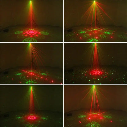 Decorbites 5in1 led gobo strobe laser projector casting red and green floral and starburst patterns for stage lighting
