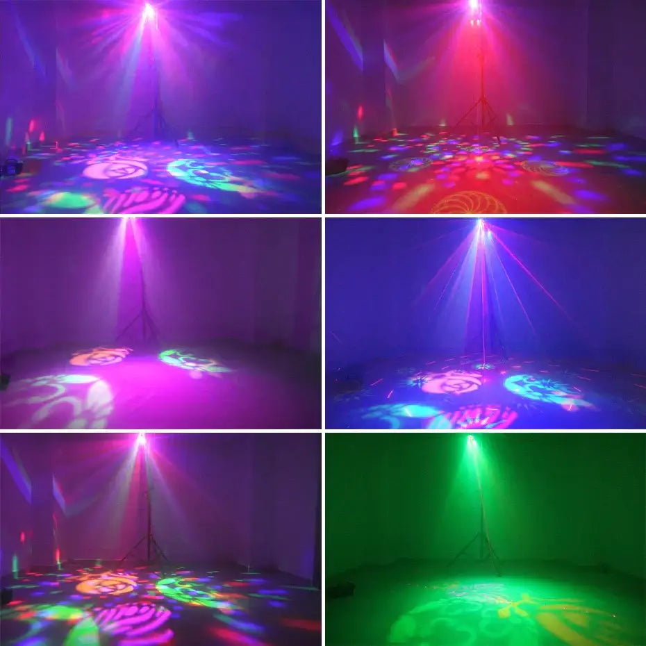 Decorbites 5in1 led gobo strobe laser projector casting vibrant floral and geometric patterns for stage lighting