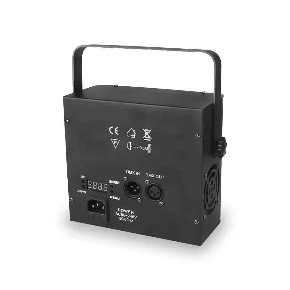 Black rectangular decorbites 5in1 led gobo strobe laser projector stage lighting with handle and input output ports back view