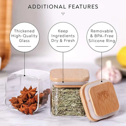 Square glass jars with bamboo lids and removable silicone ring in decorbites 5oz glass set for tea and coffee storage