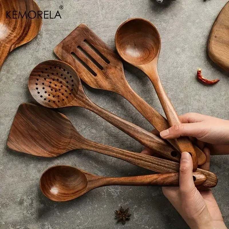 DecorBites™ 5pcs teak wooden cooking spoon set with natural wood grain and smooth polished surfaces