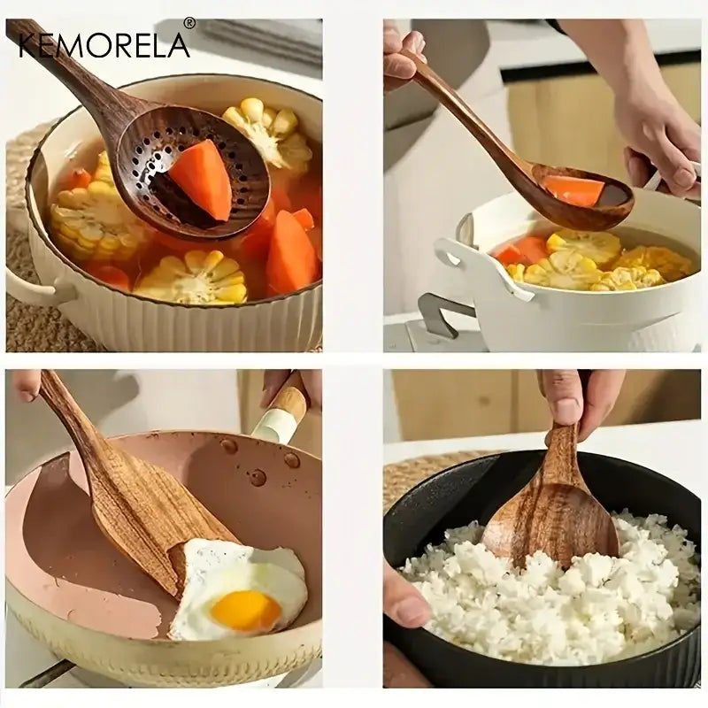 Dark brown teak wooden cooking utensils including slotted spoon and spatula with natural wood grain patterns