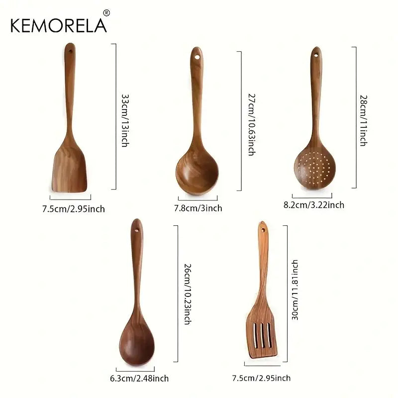 Set of five natural teak wooden cooking spoons including spatula ladle and two different-sized spoons for kitchen use