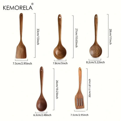 Set of five natural teak wooden cooking spoons including spatula ladle and two different-sized spoons for kitchen use