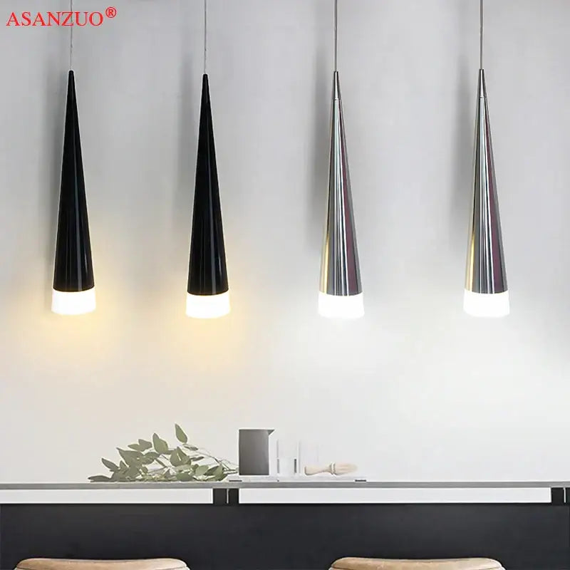 Four sleek silver black aluminum pendant lights with 5w led illumination for kitchen island decorbites fixture