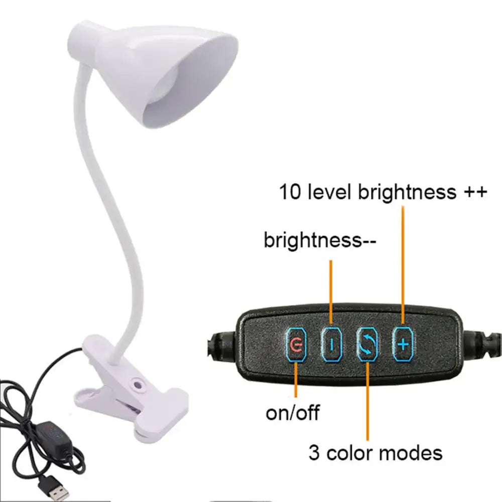 White DecorBites™ 5W USB night light led clip lamp with flexible gooseneck and dimmable 3 color modes and 10 brightness settings