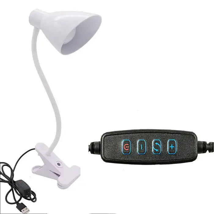 White decorbites™ led clip lamp with usb power, adjustable arm, clip-on base, and black remote for night light led use