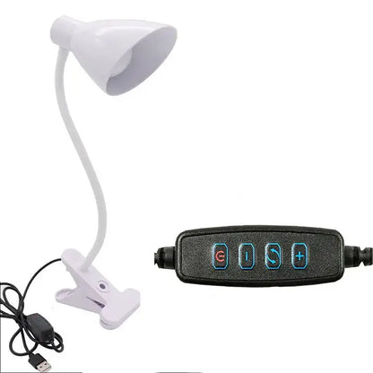 White decorbites™ led clip lamp with usb power, adjustable arm, clip-on base, and black remote for night light led use