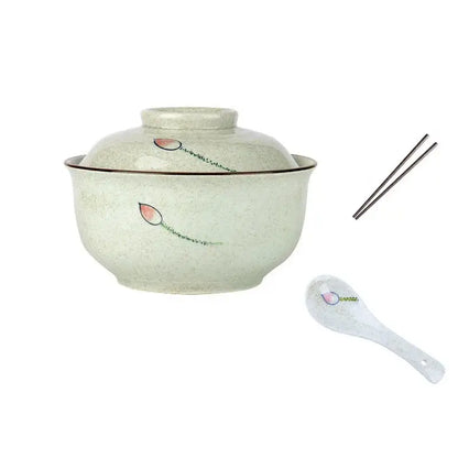 A decorbites™ 6.5inch retro ceramic ramen bowl set featuring a pale green ceramic ramen bowl with pink lotus blossoms and lid
