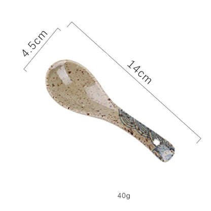Beige speckled ceramic spoon rest with blue wave handle from decorbites™ retro ceramic ramen bowl set