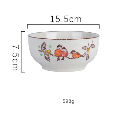 White ceramic ramen bowl with hand-painted orange birds design by DecorBites™ for kitchen and hotel use