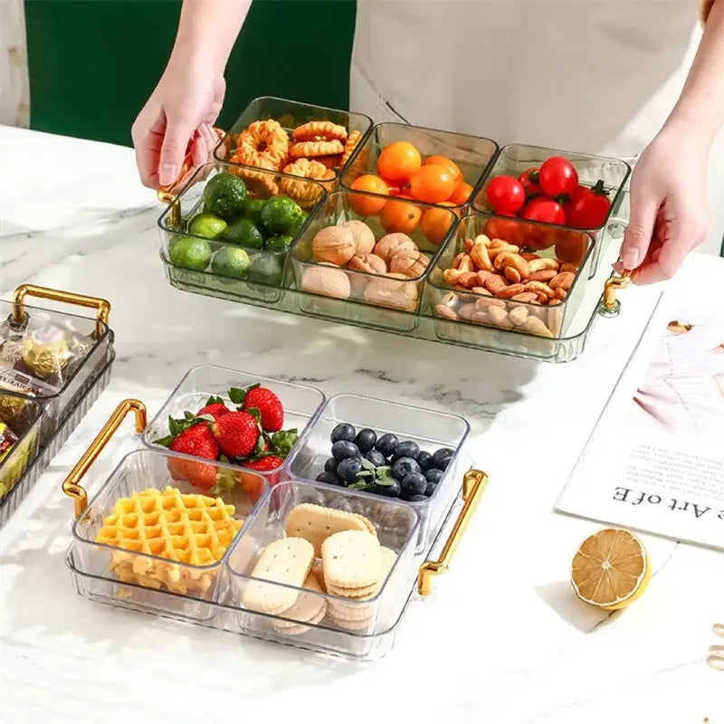 Decorbites™ clear plastic 6-grid divided fruit plate with gold-tone handles and six snack compartments