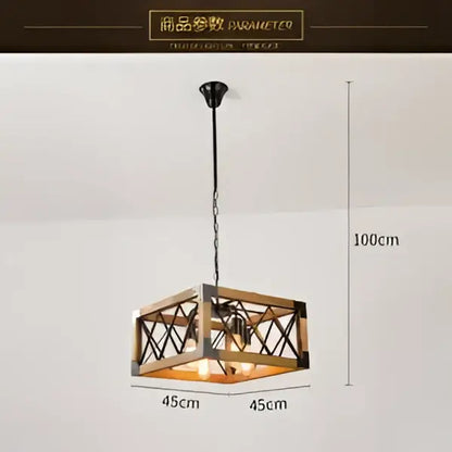 DecorBites 6-head industrial style pendant lamp with rustic wooden and iron cube frame and warm glowing light