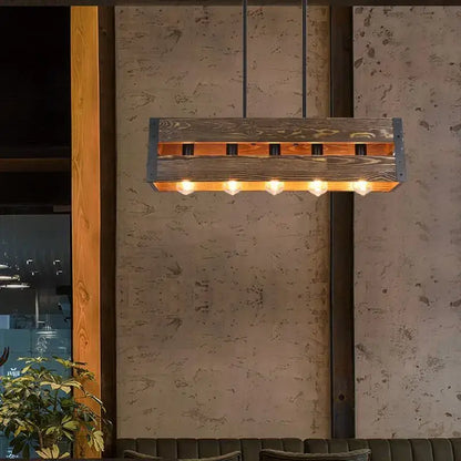 Decorbites 6-head industrial style pendant lamp with dark weathered wood and five exposed edison bulbs pendant light