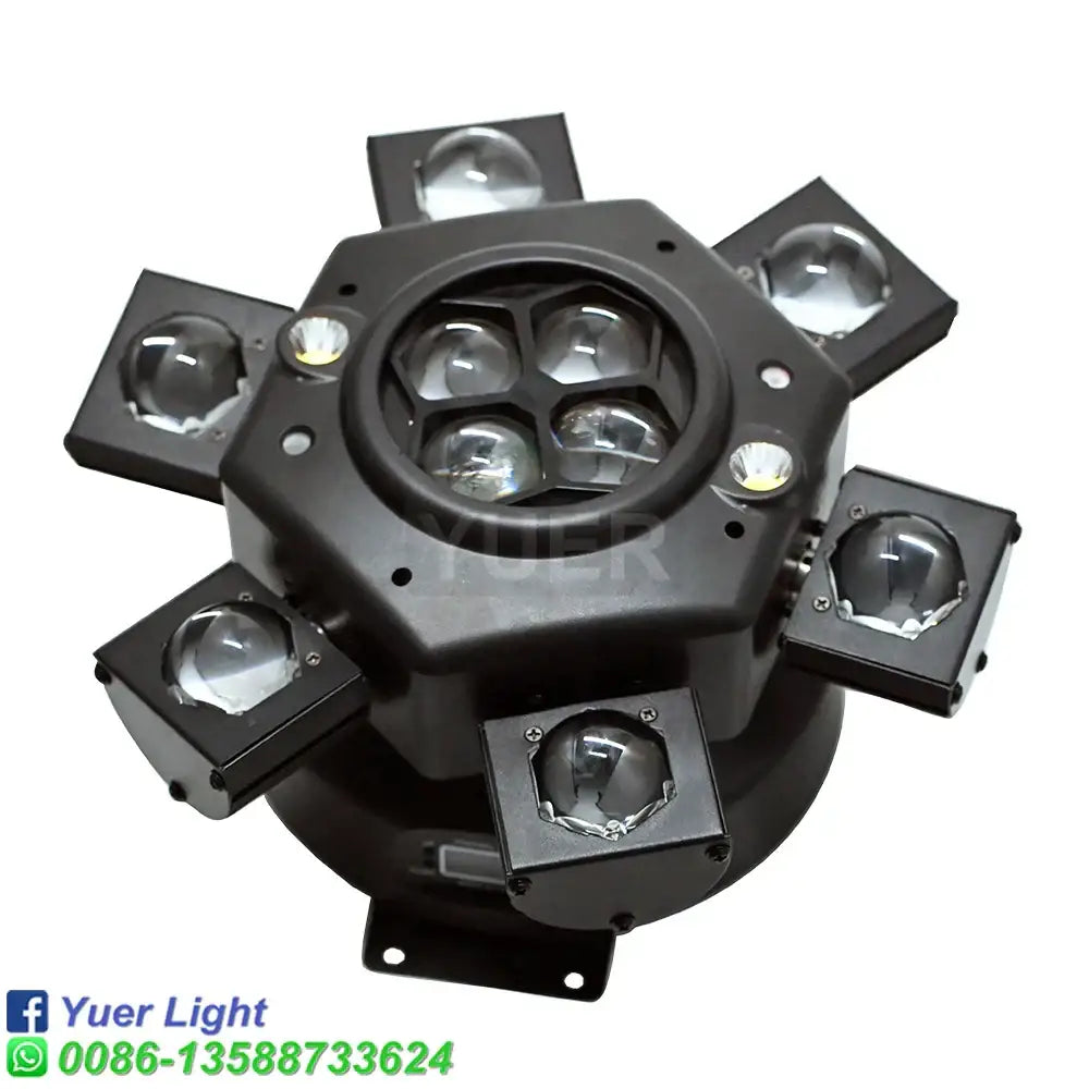 Black octagonal led spotlight fixture with six adjustable arms for stage lighting effect and moving beam light use