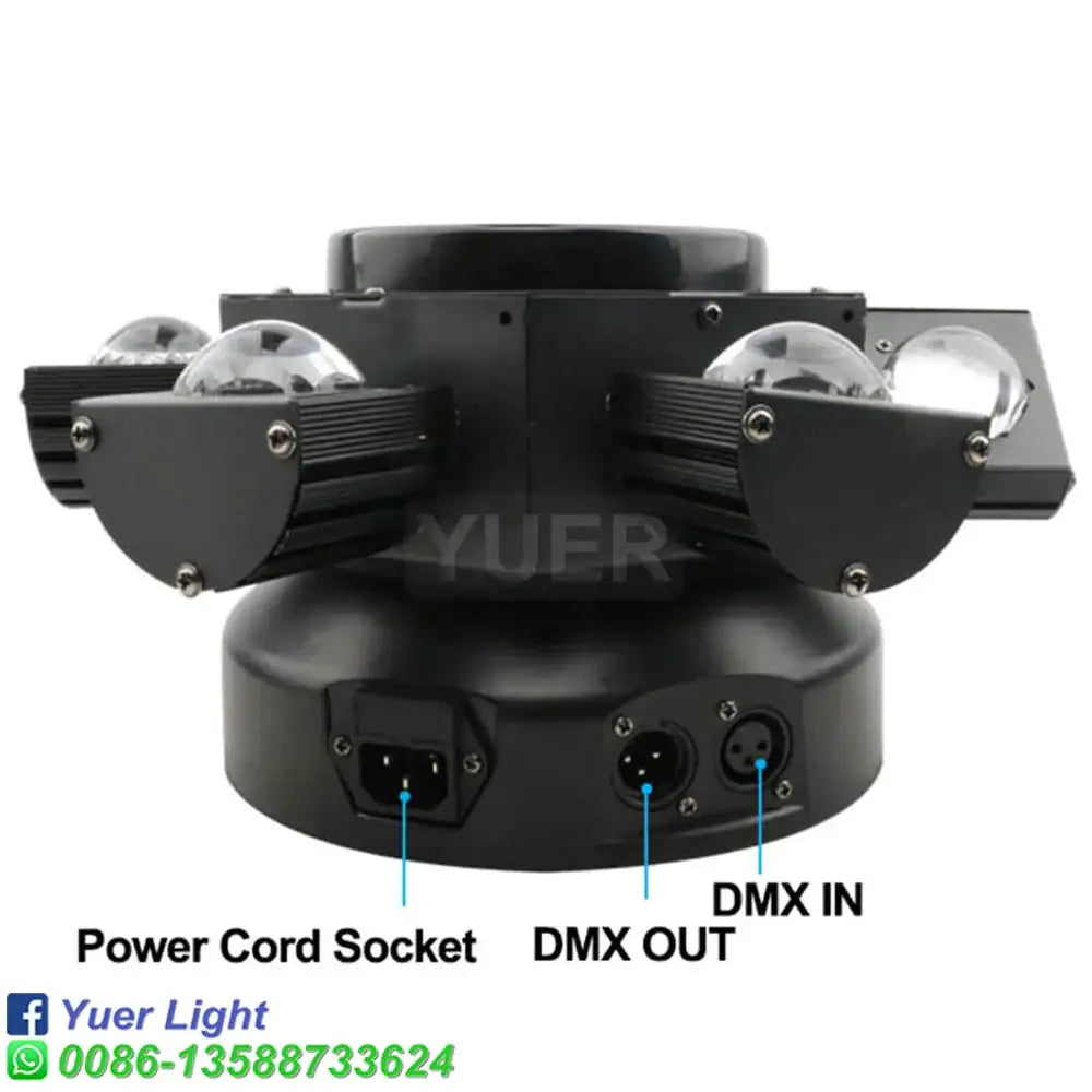 Black yuer light dmx-controlled moving beam light with four clear lens heads and central power socket for stage lighting effect