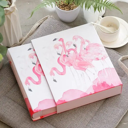 DecorBites™ 6-inch white hardcover scrapbook album with pink flamingo design for family baby wedding memories