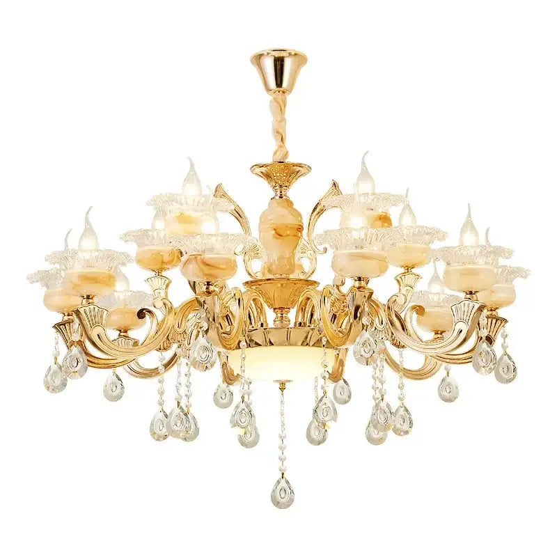Gold-toned led dolomite chandelier with intricate crystal droplets and warm amber glass shades for modern ceiling lighting