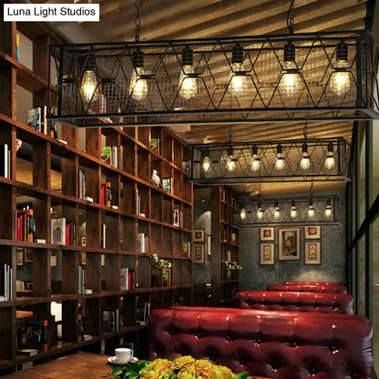 Decorbites™ 6-light rectangular mesh island lighting with black metal industrial design and exposed bulb base filament bulbs