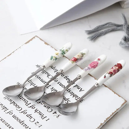 Decorbites™ coffee spoon set of four with floral bone china handles and stainless steel bowls on vintage recipe card