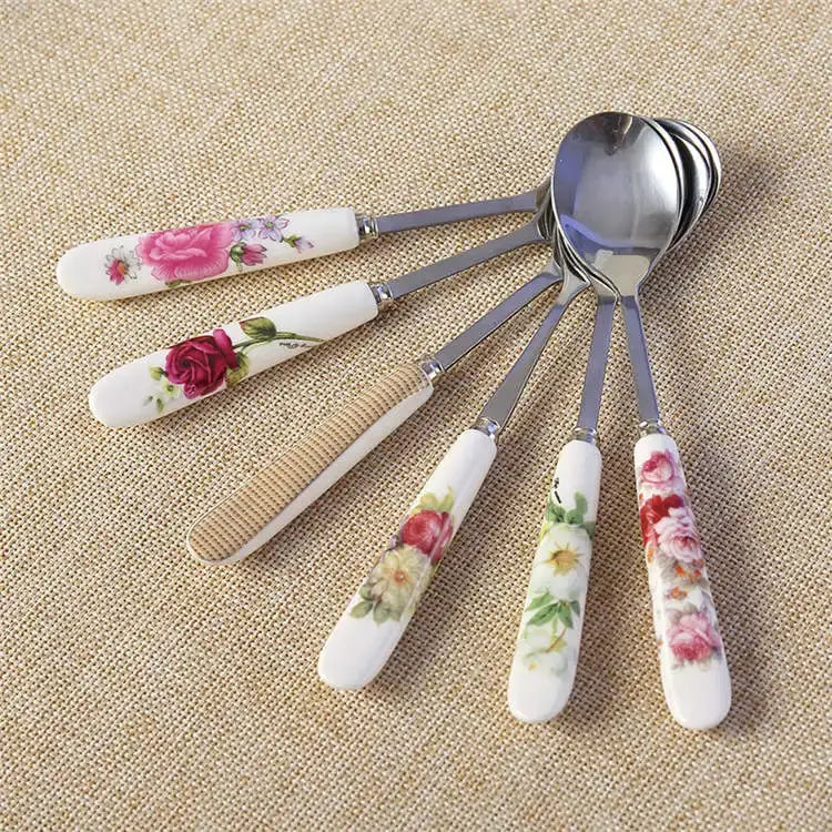 Set of five decorative ceramic-handled coffee spoons with floral designs and stainless steel bowls from decorbites spoon set